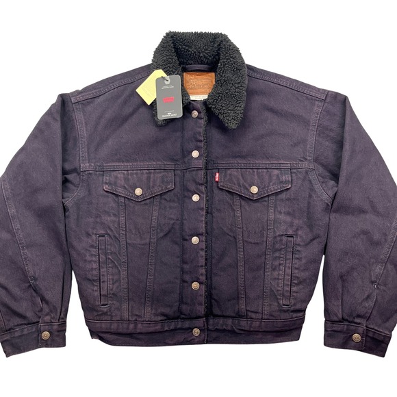 Levi's 90s Trucker Jacket Sherpa Collar‎ Denim Coat Black XS Grunge Y2K - Picture 1 of 9